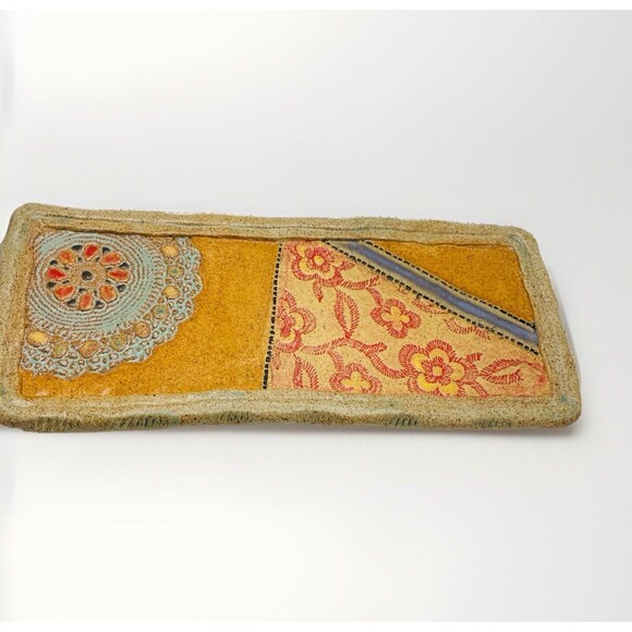 Laurie Pollpeter Eskenazi Ceramic Stoneware Tray Hand Painted Quilted Trinket - Picture 3 of 9